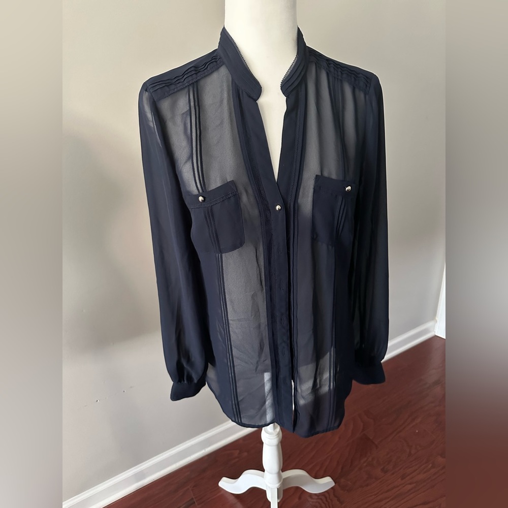White house Black Market sheer navy blue blouse with silver buttons long sleeves